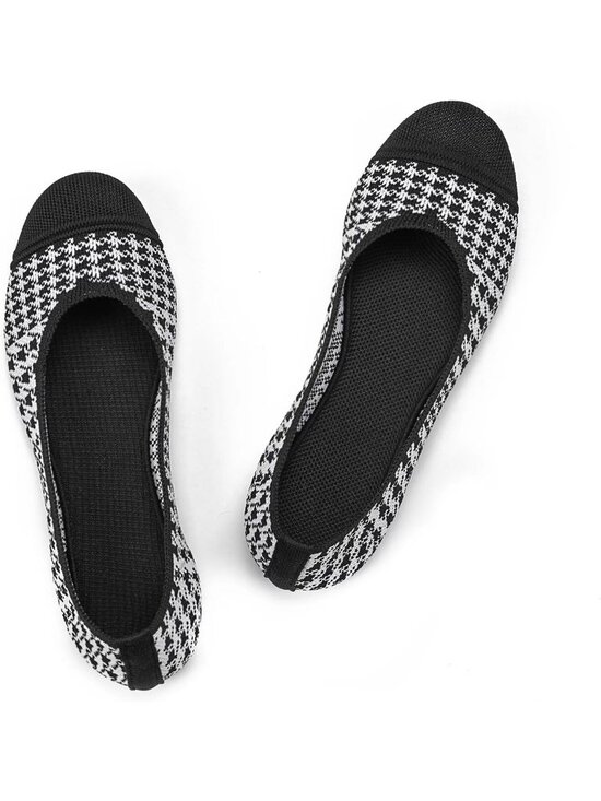 Shoes - Women’s Black White Ballet Knit Round Toe Slip On Comfort Soft Flat Shoes